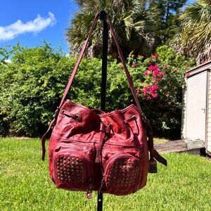 Frye Brooke Red Leather Studded Distressed Drawstring Bucket Bag